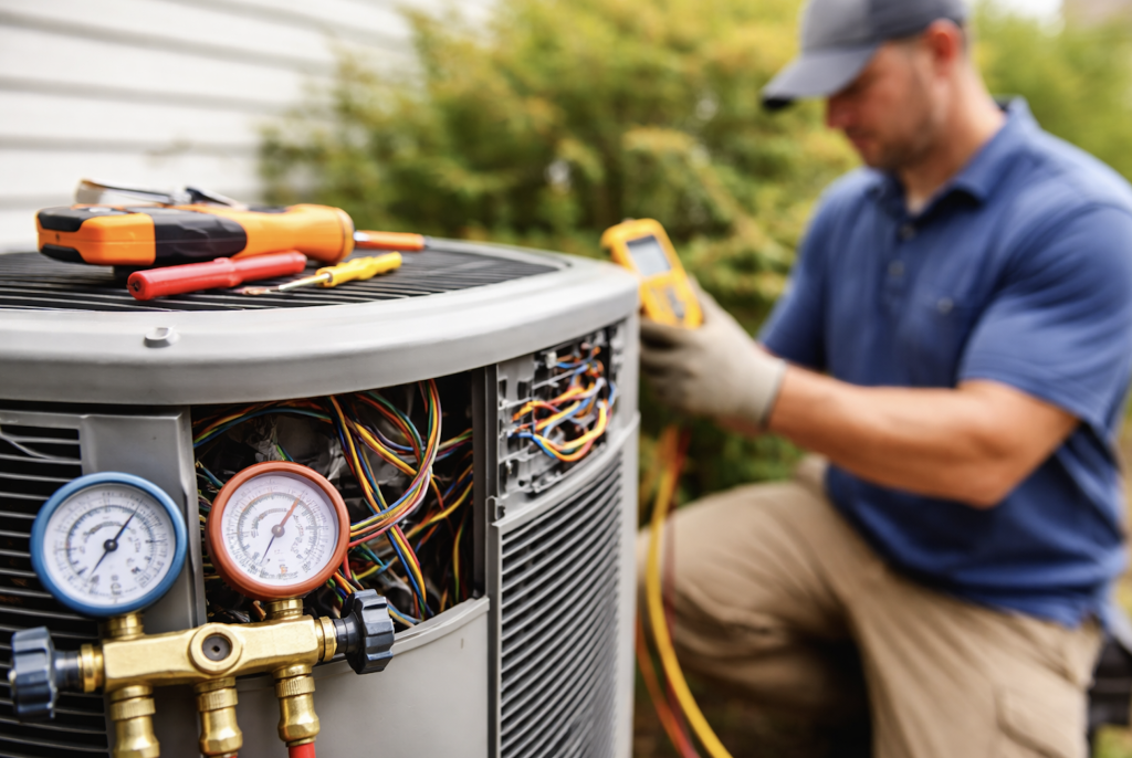 ac technician working on unit in venice florida